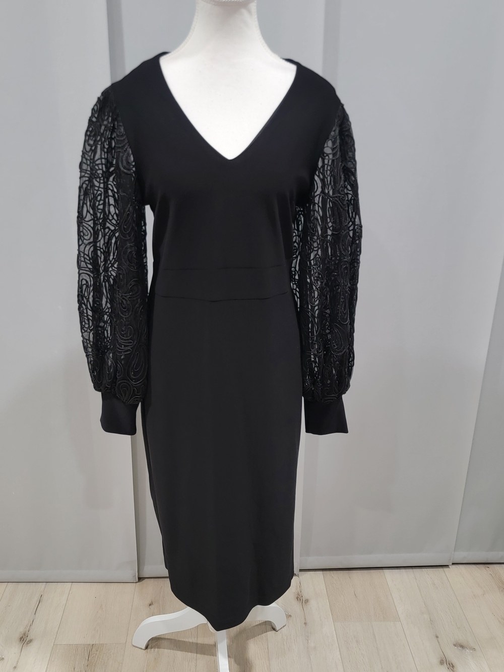 Joseph Ribkoff Black Midi Dress with Textured Sheer Balloon Sleeves